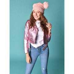 GORRO CON PERLAS Y DOBLE POMPÓN PELUCHE ROSA