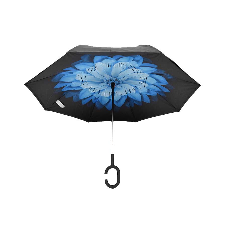 Paraguas reversible, doble capa, diseño tipo flor, color azul