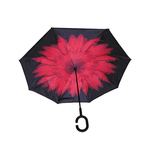 Paraguas reversible, doble capa, diseño tipo flor, color rojo.
