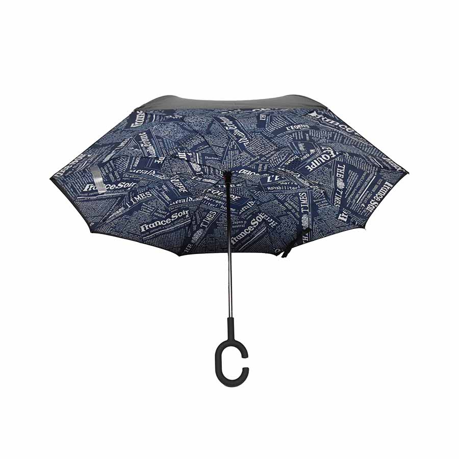 Paraguas reversible, doble capa, diseño tipo periodico, marino.