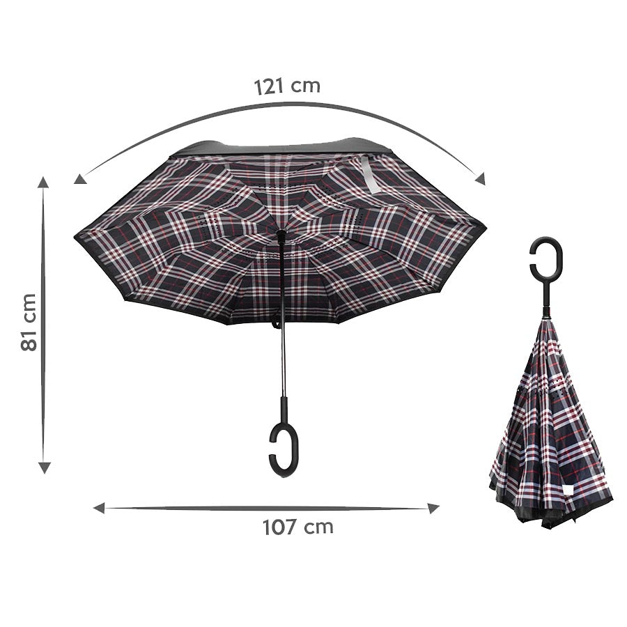 Paraguas reversible,  doble capa, diseño de cuadros,  color azul / rojo