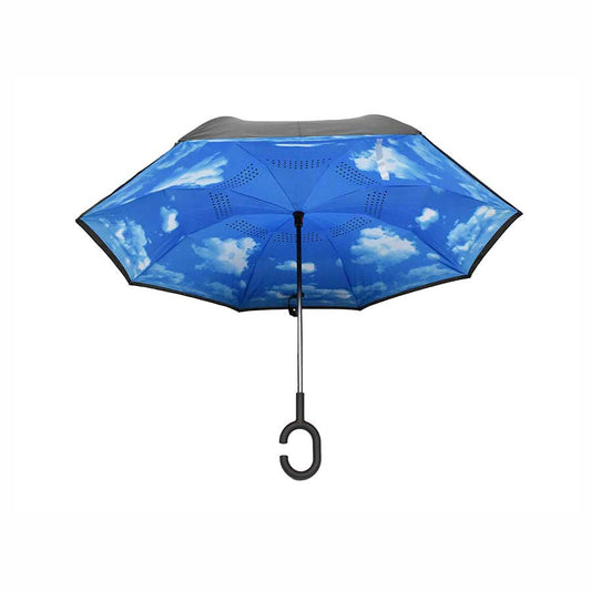 Paraguas reversible, doble capa, diseño tipo nubes, color azul