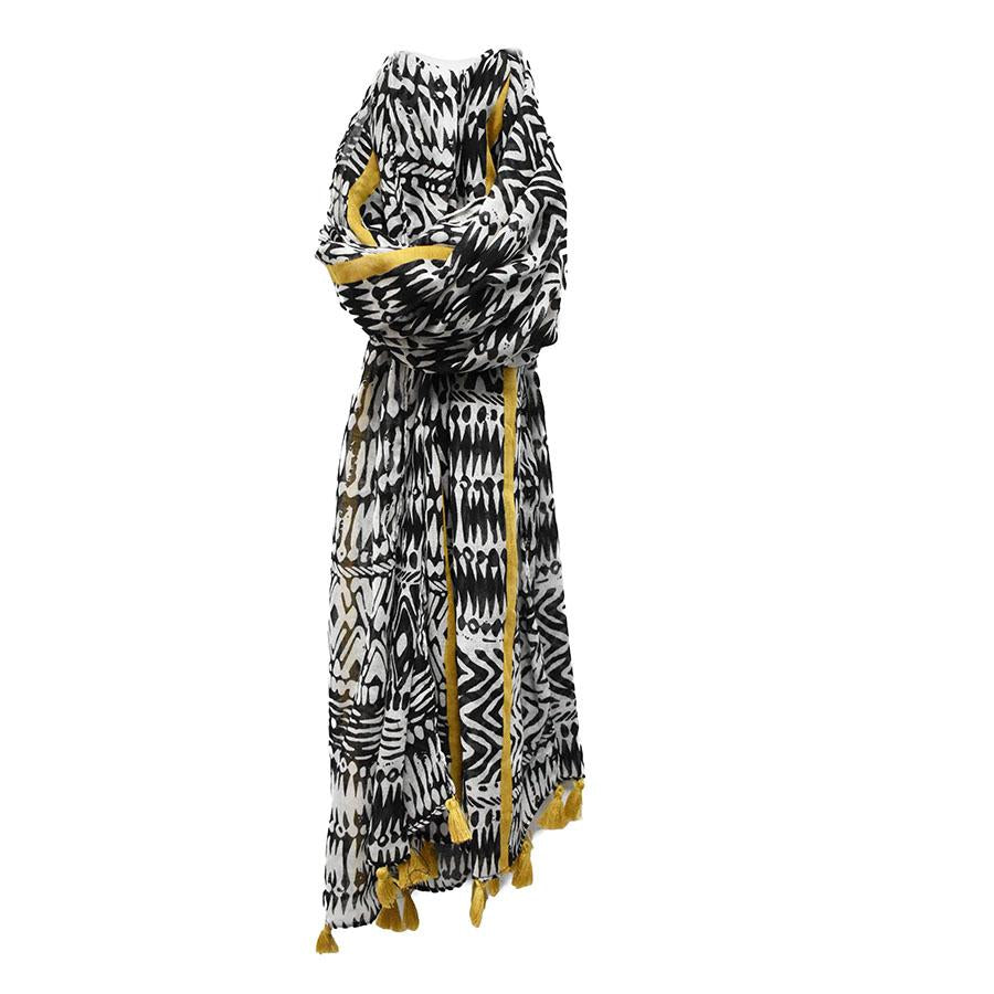 Adorn | Pashmina blanco y negro con diseño étnico y flequillos colgantes amarillos