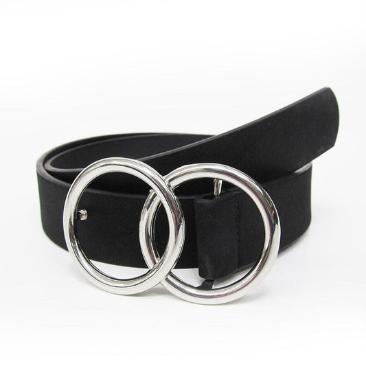 Adorn | Cintur—n casual negro, liso con hebilla doble aro plateada