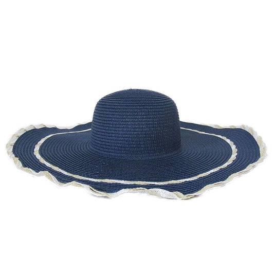 Adorn |  Sombrero Pamela azul con detalle de líneas onduladas y entretejidas color beige y blanco