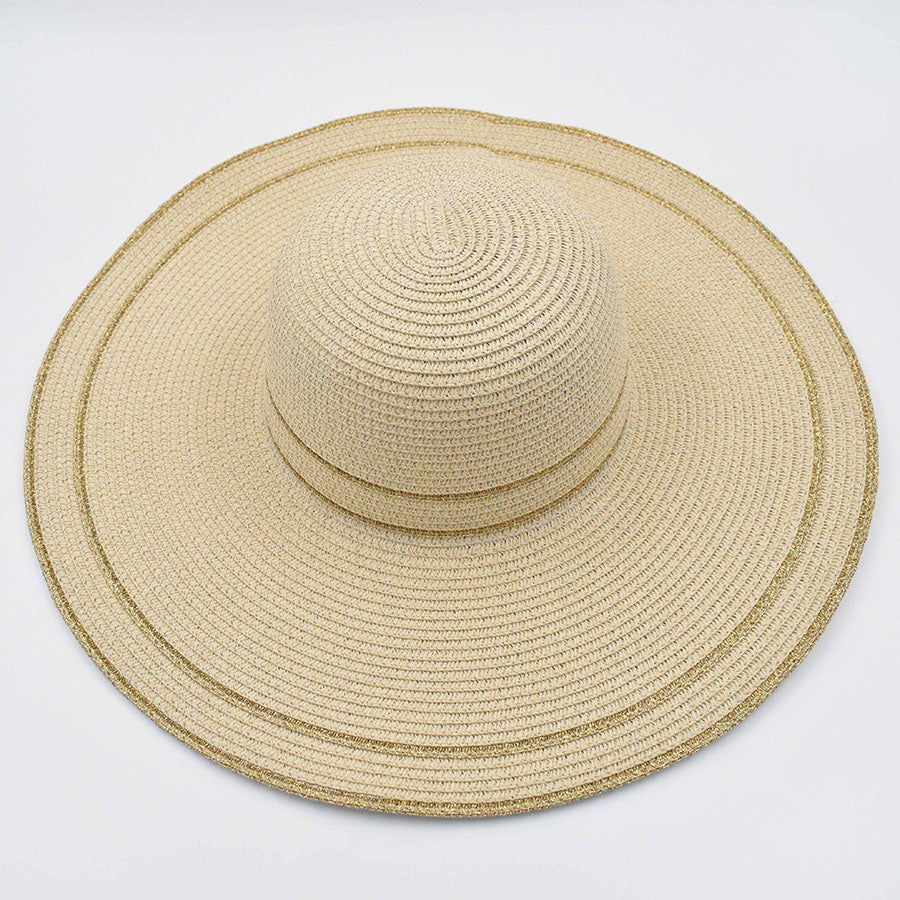 Sombrero ala ancha, color beige, líneas doradas,Dama