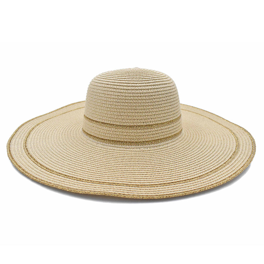 Sombrero ala ancha, color beige, líneas doradas,Dama