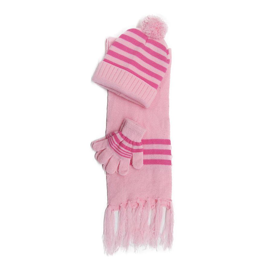 SP!CE | Set Infantil rosa con detalle de líneas en fucsia, bufanda, gorro y guantes 