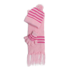 SP!CE | Set Infantil rosa con detalle de líneas en fucsia, bufanda, gorro y guantes 