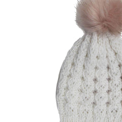 GORRO BLANCO TEJIDO TIPO CROCHET Y POMPÓN ROSA