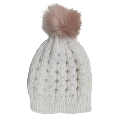 GORRO BLANCO TEJIDO TIPO CROCHET Y POMPÓN ROSA